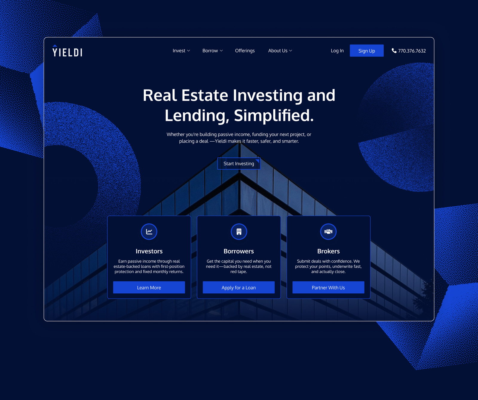 Web design for commercial real estate investment platform YIELDI homepage