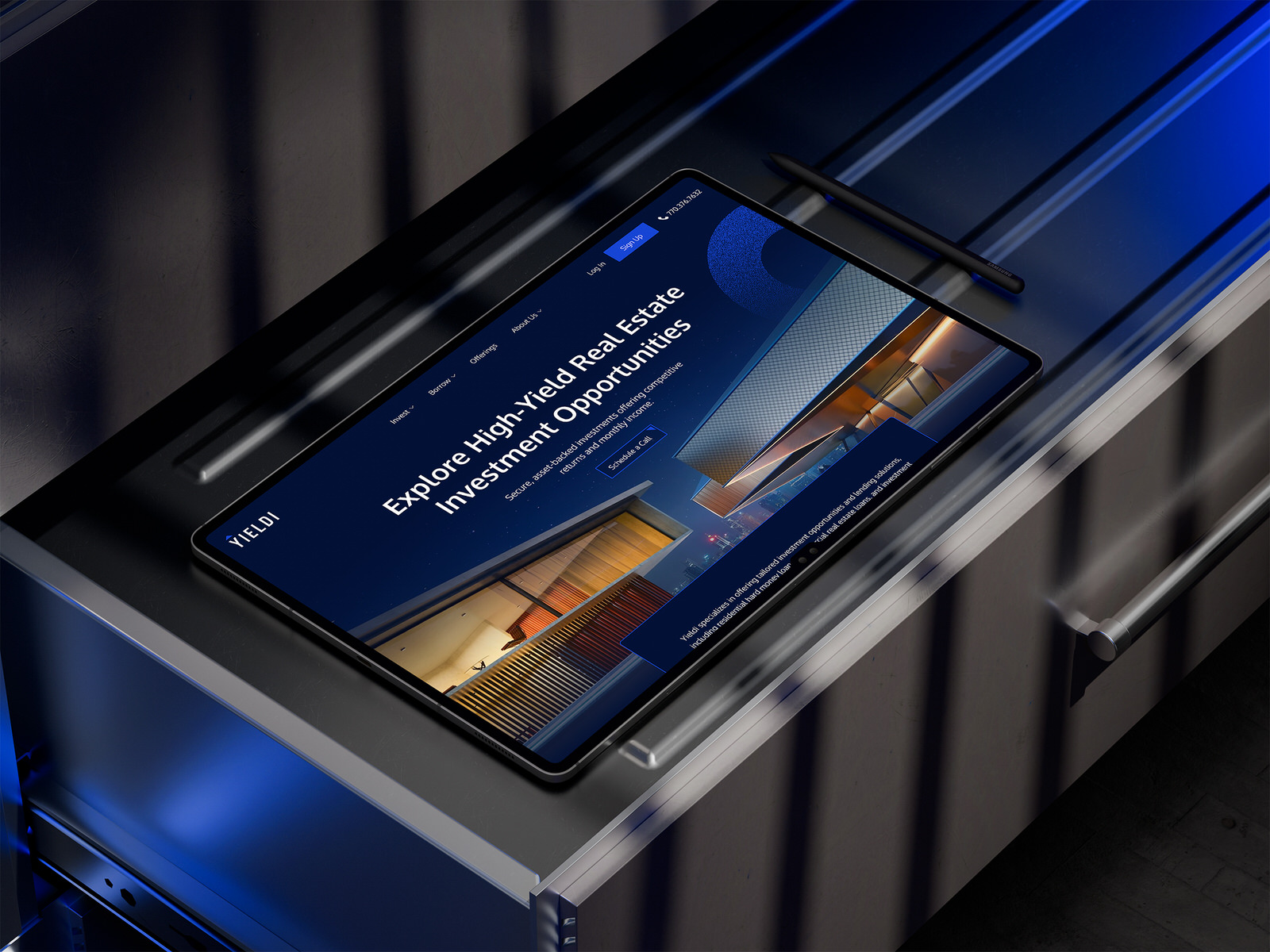 Web design for commercial real estate investment platform YIELDI tablet