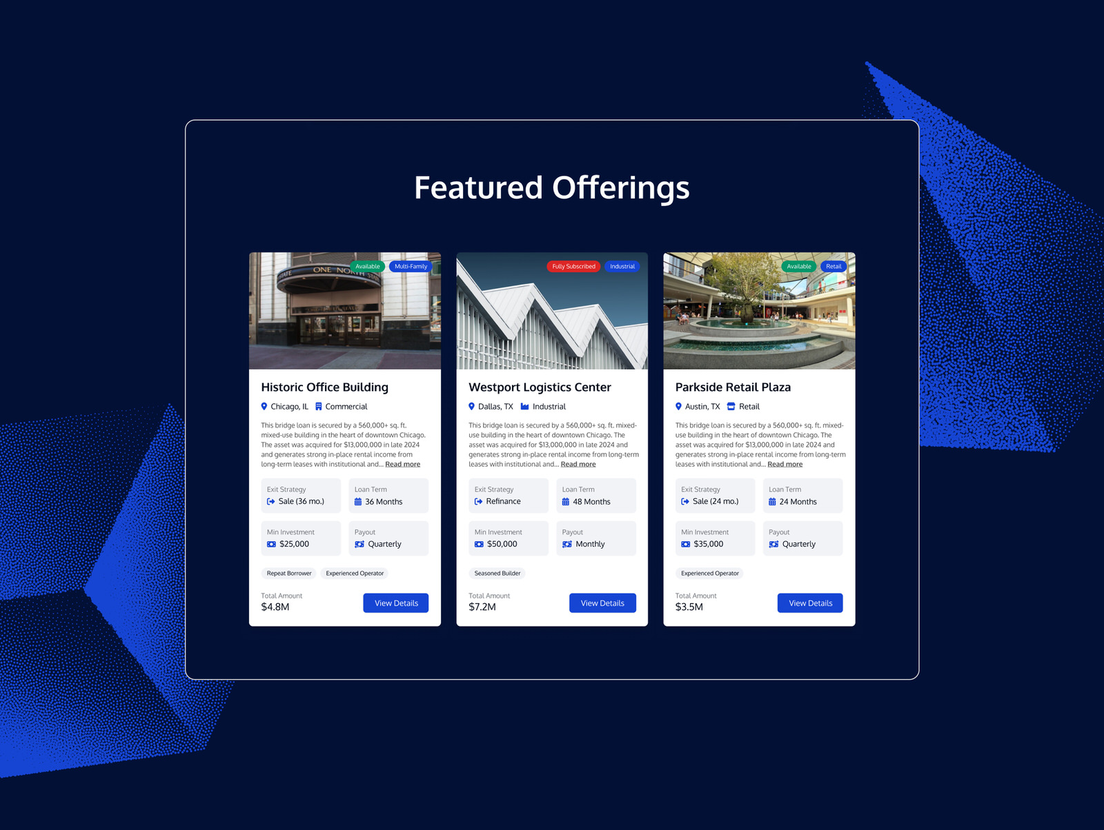 Web design for commercial real estate investment platform YIELDI listing